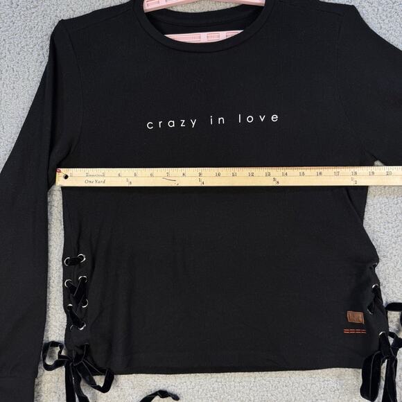 Peace Love World Womens Black Crazy in Love Crop Sweatshirt Side Tie Bows - Picture 3 of 13